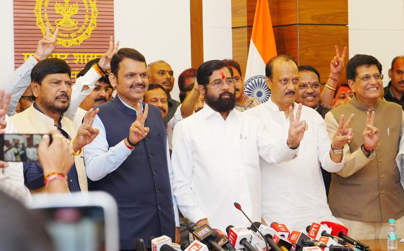 Mahayuti leaders flash victory sign after Maharashtra poll win | Photo courtesy: Devendra Fadnavis X handle