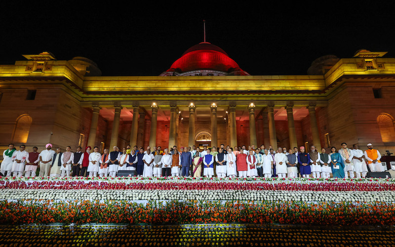 President, Droupadi Murmu, the Vice President, Jagdeep Dhankhar with Prime Minister Narendra Modi and the other members of Council of Ministers after the Swearing-in Ceremony, at Rashtrapati Bhavan, in New Delhi on June 09, 2024.