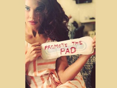 Jacqueline Fernandez takes up PadMan challenge, poses with sanitary napkin