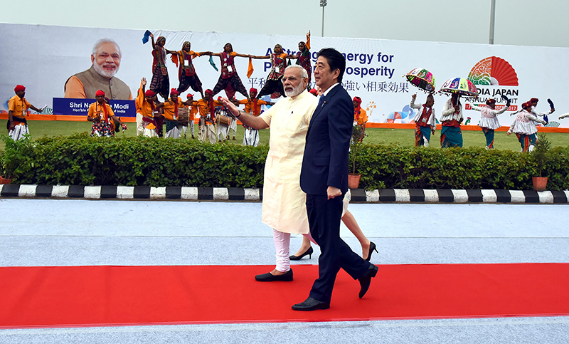 File photos of ex-Japanese PM Shinzo Abe with PM Modi during former's India visit in Sept 2017