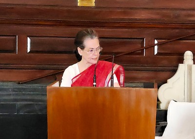 Congress president Sonia Gandhi addresses parliamentary party meeting