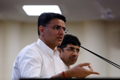 Sachin Pilot addressing media at AICC headquarters in Delhi