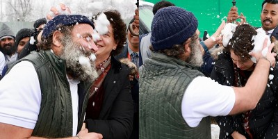 Rahul Gandhi, Priyanka Gandhi Vadra enjoy snowfall in Srinagar