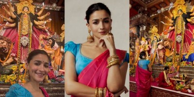 In Images: Alia Bhatt embraces ethnic elegance in a magenta saree at Mumbai's Durga Puja