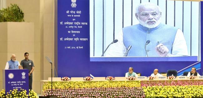 Prime Minister, Narendra Modi laying the foundation stone of the Dr. B.R. Ambedkar National Memorial