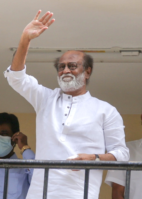 Actor Rajinikanth greets fans at Raghavendra Kalyana Mandapam in Chennai