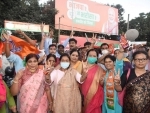 NDA workers celebrate party victory in Bihar Assembly elections in Patna