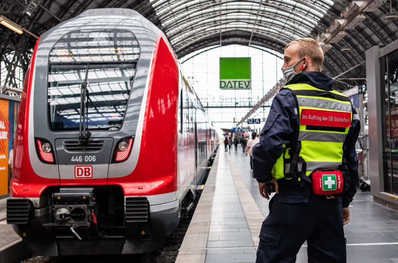 Frankfurt: A security member wearing a face mask