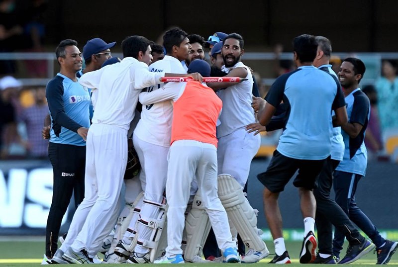 Indian players celebrate Brisbane victory