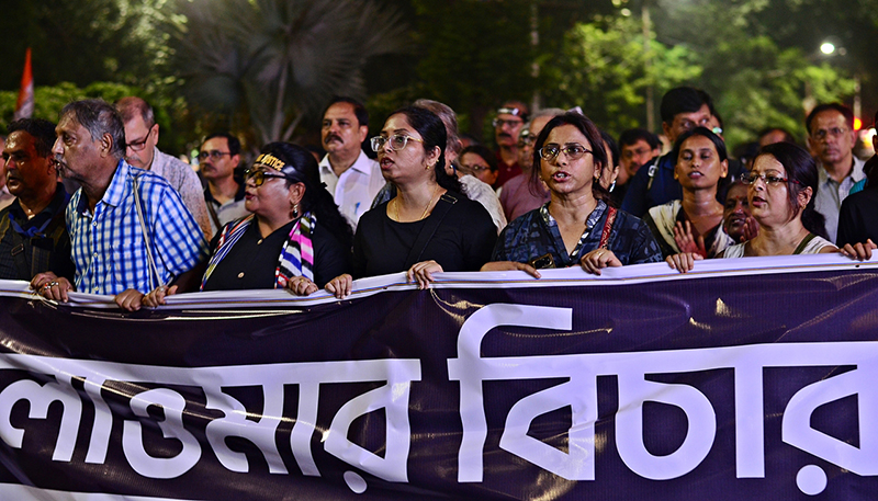 Protest rally demanding justice for RG Kar victim continues on eve of Mahalaya