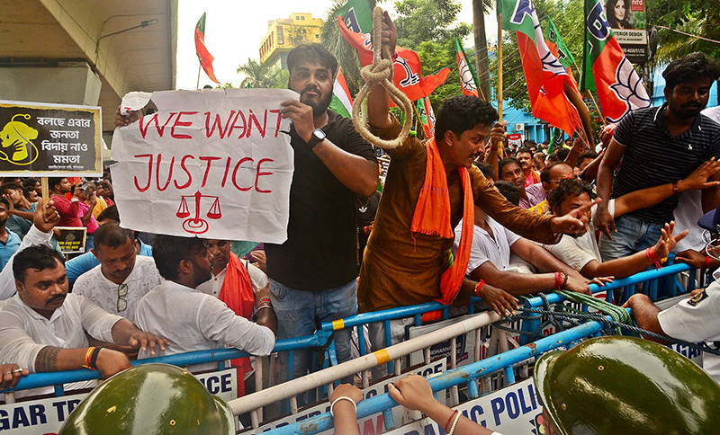 West Bengal BJP leaders lead protest march to Swasthya Bhawan demanding justice for RG Kar rap-murder victim