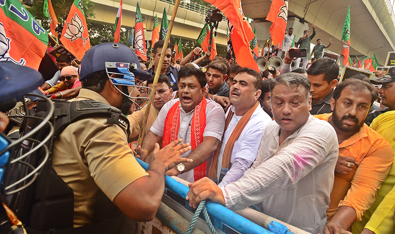 West Bengal BJP leaders lead protest march to Swasthya Bhawan demanding justice for RG Kar rap-murder victim