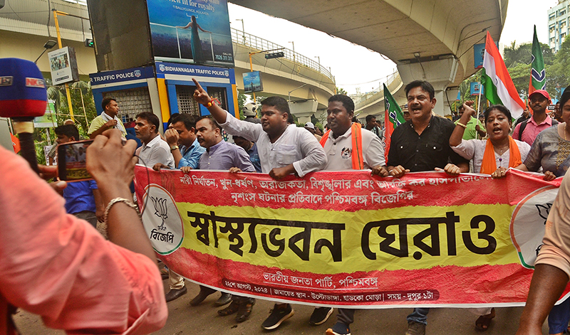 West Bengal BJP leaders lead protest march to Swasthya Bhawan demanding justice for RG Kar rap-murder victim