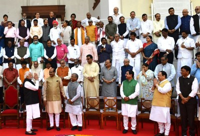 PM Modi, Venkaiah Naidu with retiring members of Rajya Sabha