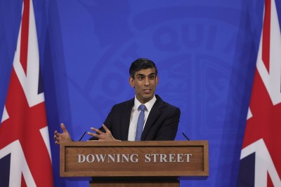 British Chancellor of Exchequer Rishi Sunak addresses press conference in London