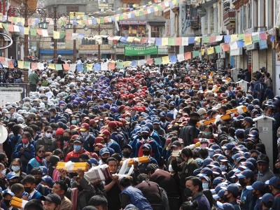 Devotees offering prayer in Leh on Buddha Purnima