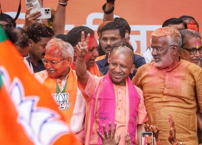 Yogi Adityanath celebrates party's victory in UP assembly polls in Lucknow