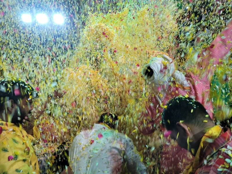 Flower Holi at Yamuna ghat in Vrindavan