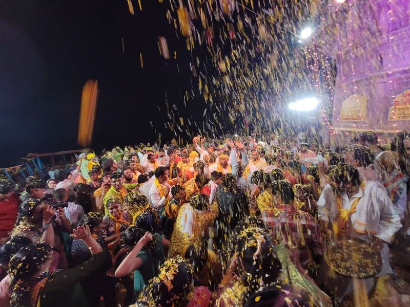 Flower Holi at Yamuna ghat in Vrindavan