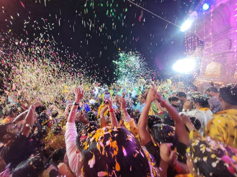 Flower Holi at Yamuna ghat in Vrindavan