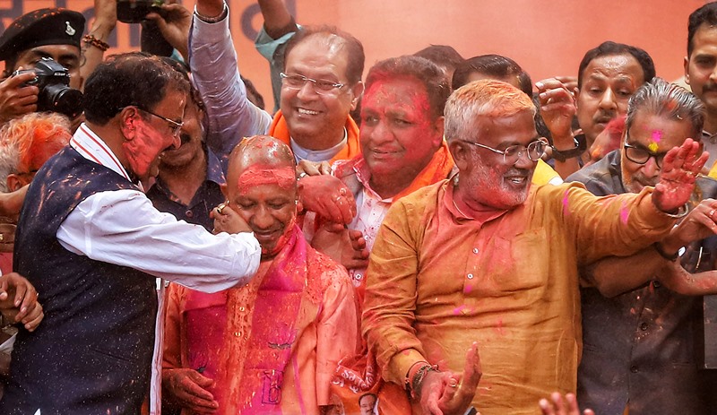 Yogi Adityanath celebrates party's victory in UP assembly polls in Lucknow