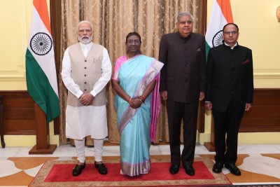 In image: Prez Droupadi Murmu with Jagdeep Dhankar, PM Modi and chief information commissioner in Delhi