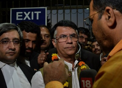 Congress leader Pawan Khera outside Dwarka Court in Delhi