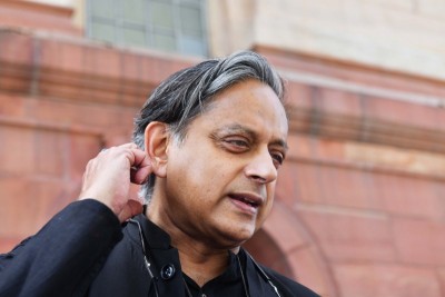 Shashi Tharoor at Parliament House during Budget Session