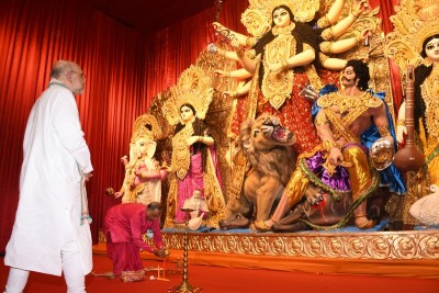 Amit Shah inaugurates Ram Temple-themed Durga Puja pandal in Kolkata