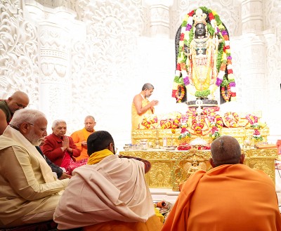 PM Modi launches Ram Mandir amid a gathering of seers and celebrities