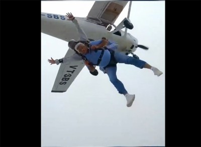 Union minister Gajendra Singh Shekhawat skydives on World Skydiving Day; launches skydiving aircraft.