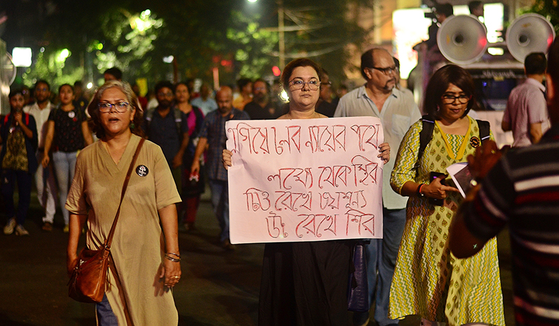 Protest rally demanding justice for RG Kar victim continues on eve of Mahalaya