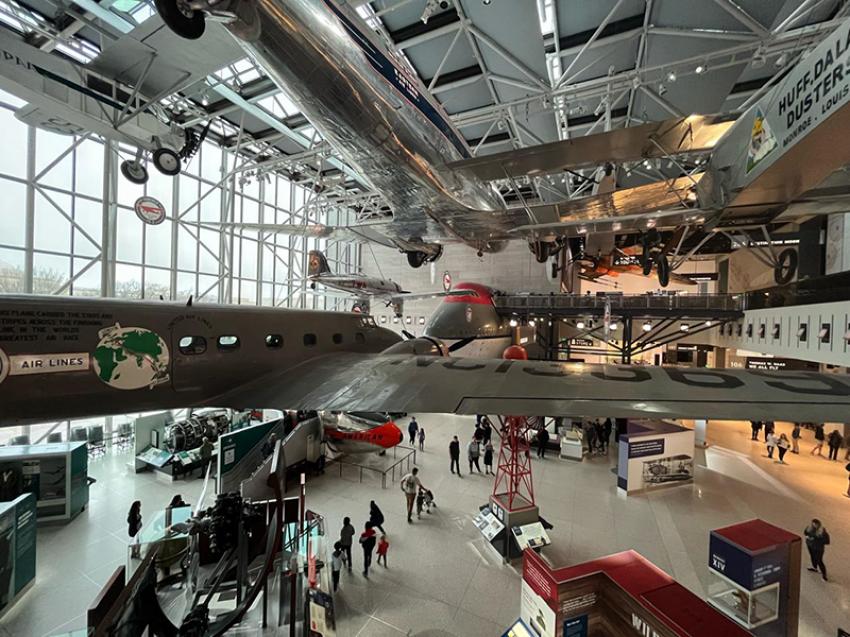 Aircraft on display hangs from above at the NASM.