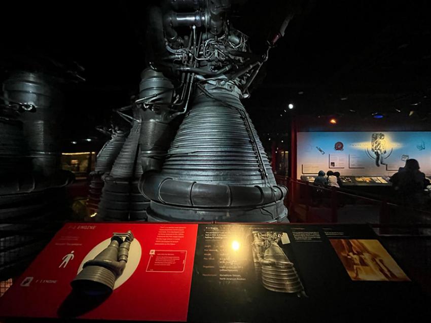 The F-1 engine, with 1.5 million pounds of thrust, was the powerplant for the first stage of the 363-foot long Saturn V launch vehicle that took astronauts to the Moon for six successful landing missions between 1969 and 1972 in the Project Apollo program.