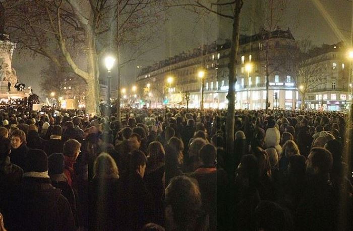  Demonstrators gather at the Place de la République in Paris on the night of the attack, Image by GodefroyParis /Creative Commons